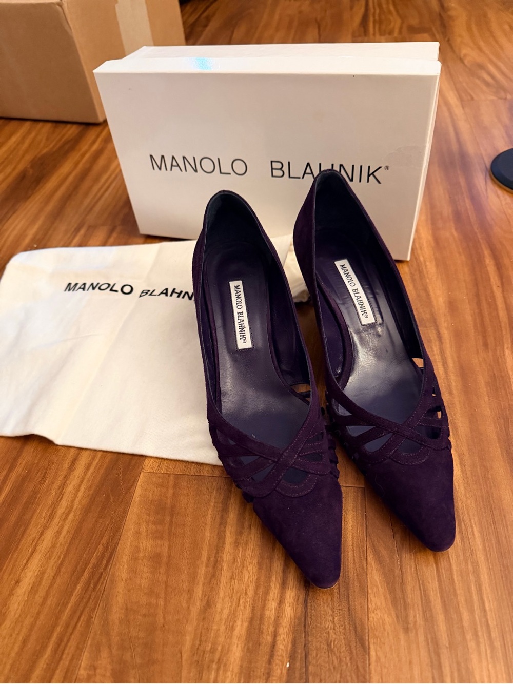 Manolo Blahnik Purple Suede Pointed Toe Strappy Pumps